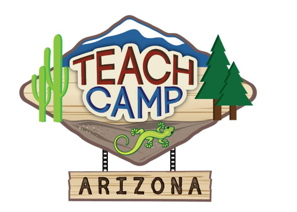 Image of trees and a campsite with a teach camp logo