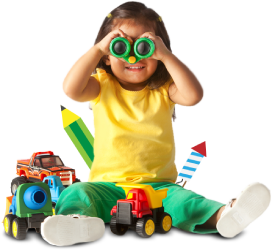 girl with toys and binoculars